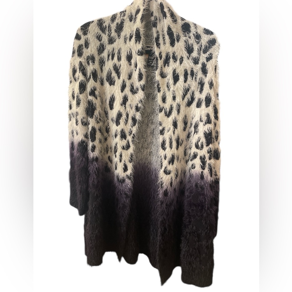Oliver black and cream animal print hombre open cardigan eyelash furry size 2X - Picture 2 of 6